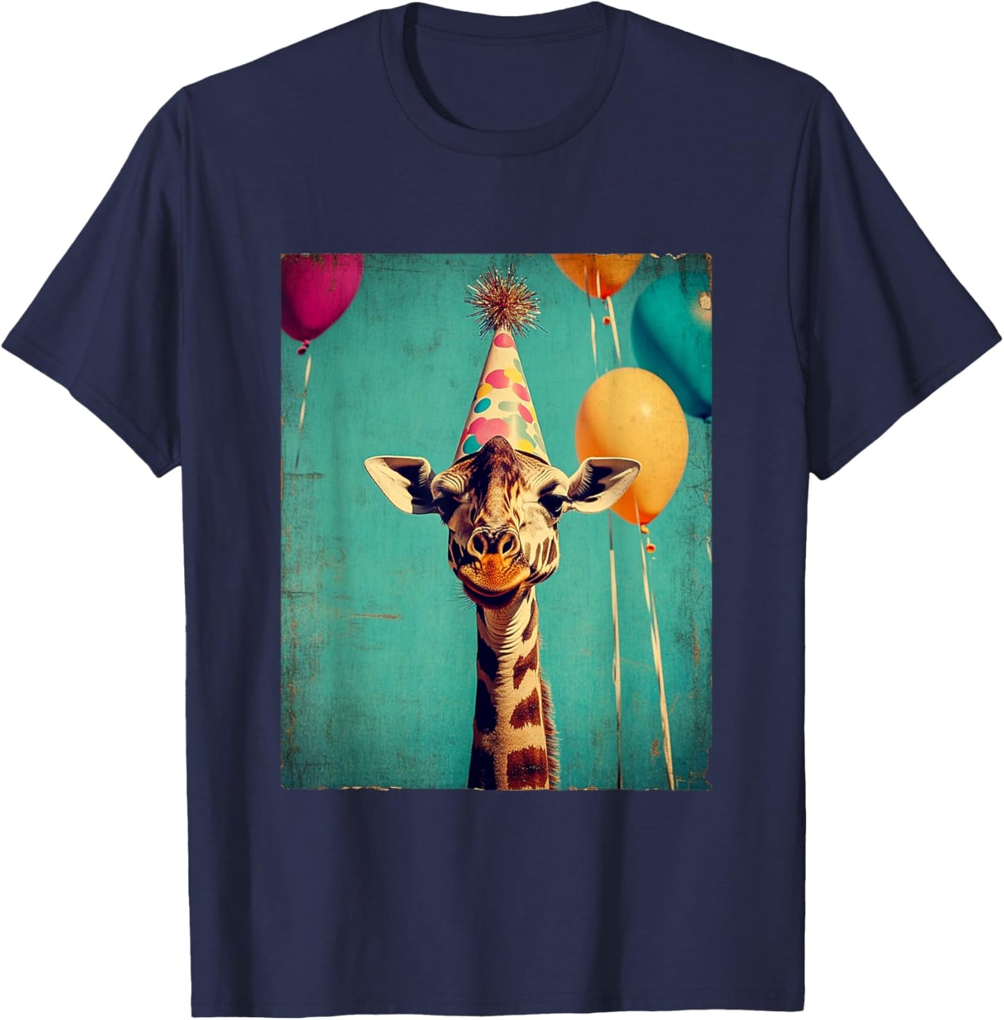 Giraffe Animal Zoo Birthday Party Apparel -Kids Retro Art Print Giraffe Birthday Party Black Short Sleeve Small T-Shirt - T-Shirt | Navy