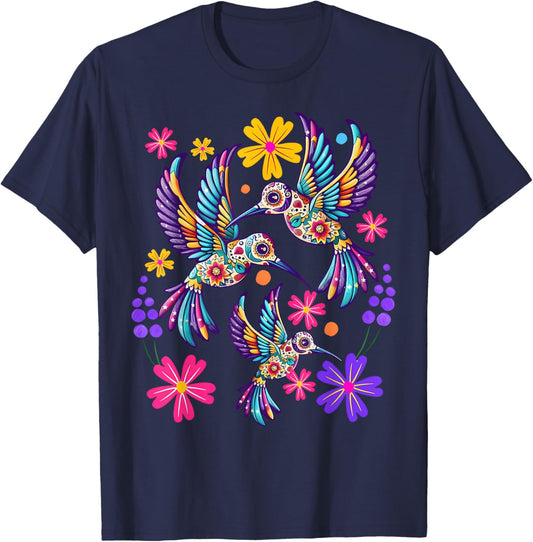 Hummingbird Colorful Mexican Flowers Bird Floral Nature T-Shirt - T-Shirt | Navy