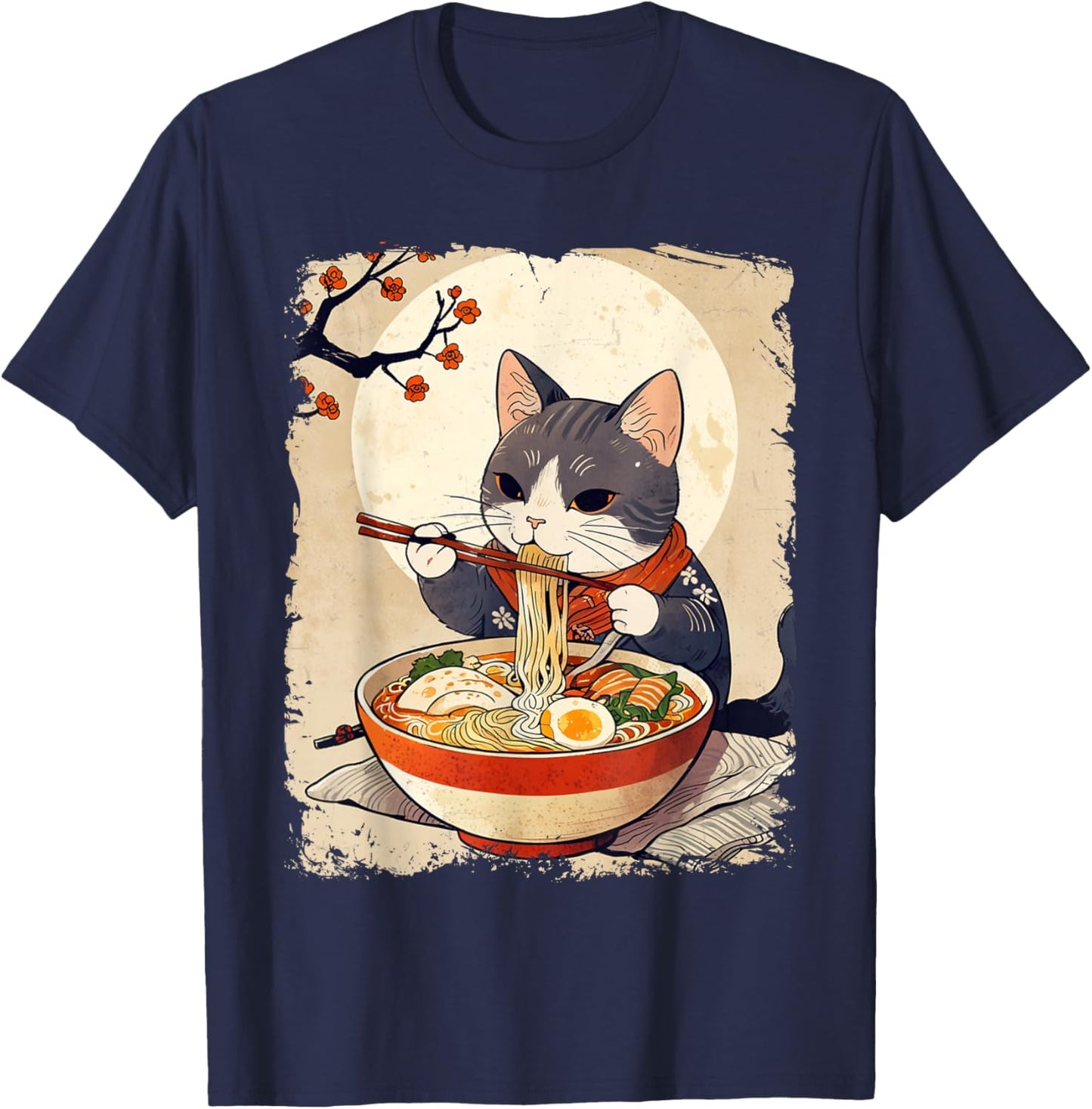 Cat Ramen Japanese Funny Graphic Kawaii Cat Anime Ukiyo-e T-Shirt - T-Shirt | Navy