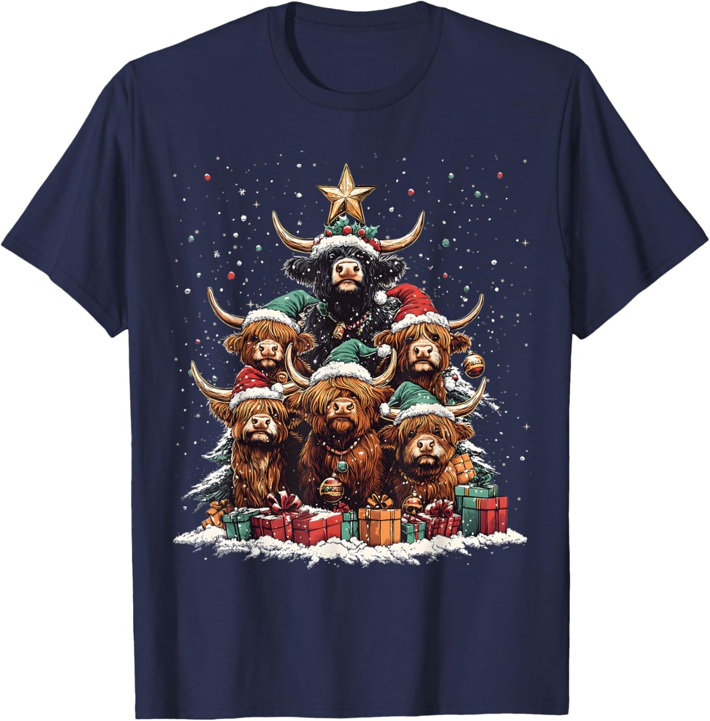 Highland Cow Christmas Tree Ornament Decor Xmas T-Shirt - T-Shirt | Navy