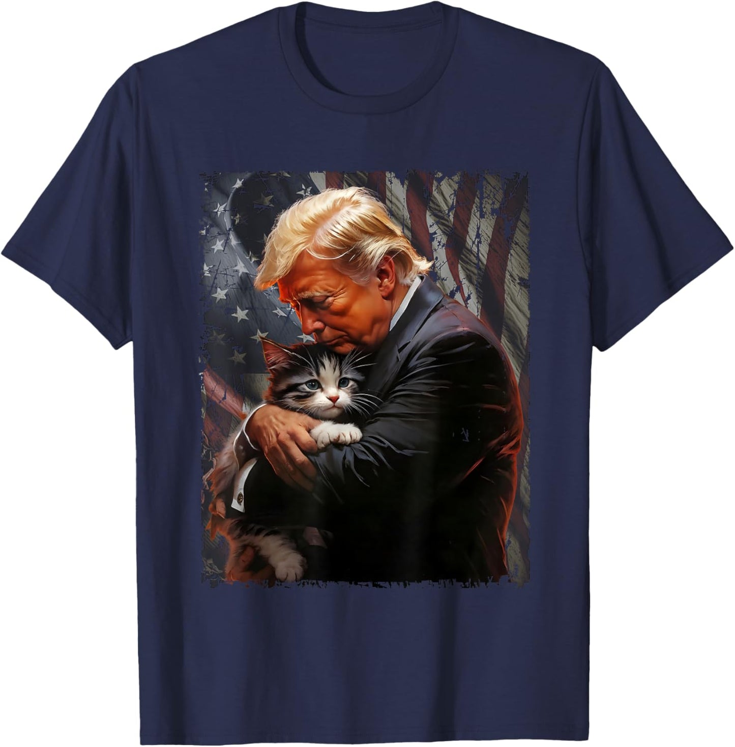 Trump Hugging an Orange Cat 2024 Make Cats Safe Again T-Shirt - T-Shirt | Navy
