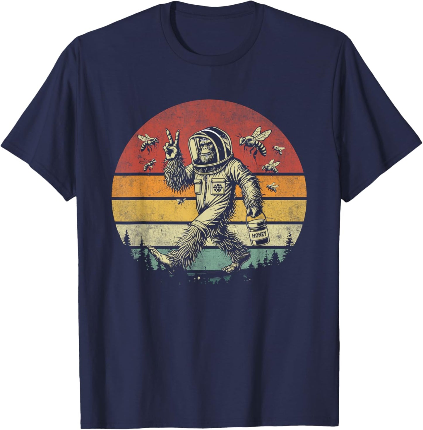 Bigfoot Beekeeper Funny Retro Honey Sasquatch Beekeeping T-Shirt - T-Shirt | Navy