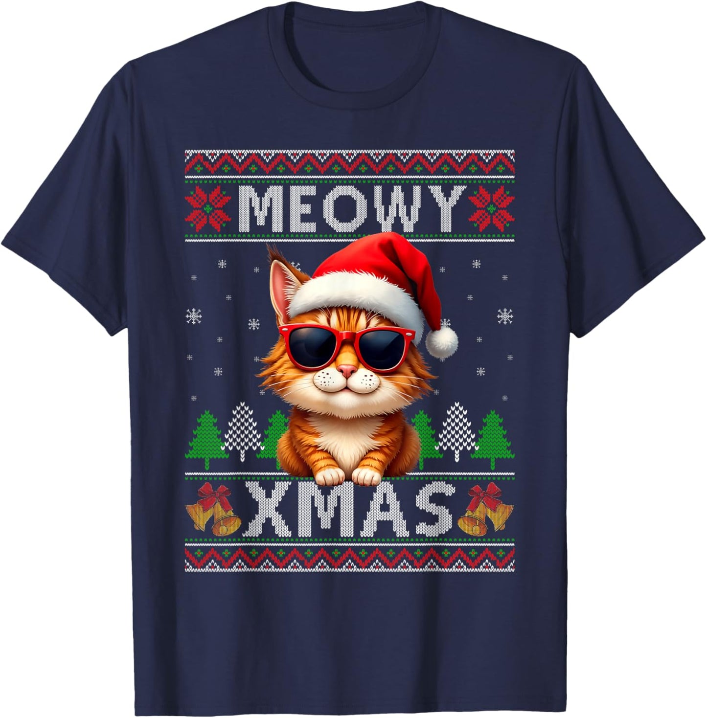 Meowy Xmas Cat Sunglasses Xmas Lights Ugly Christmas Sweater T-Shirt - T-Shirt | Navy