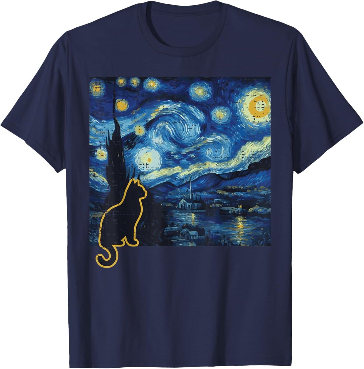 Cat Starry Night Funny Art Painting Van Gogh Men Women Kids T-Shirt - T-Shirt | Navy