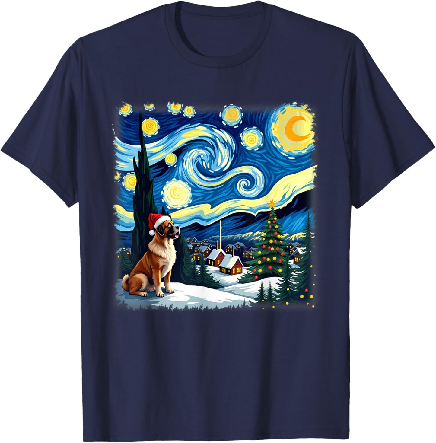 Christmas Saint Bernard Dog Starry Night T-Shirt - T-Shirt | Navy