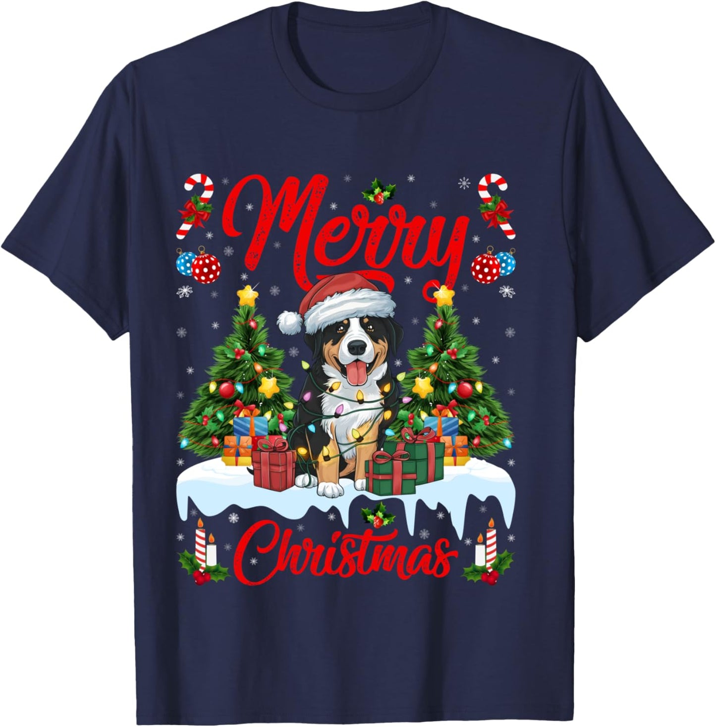Xmas Tree Lighting Greater Swiss Mountain Dogs Christmas T-Shirt - T-Shirt | Navy