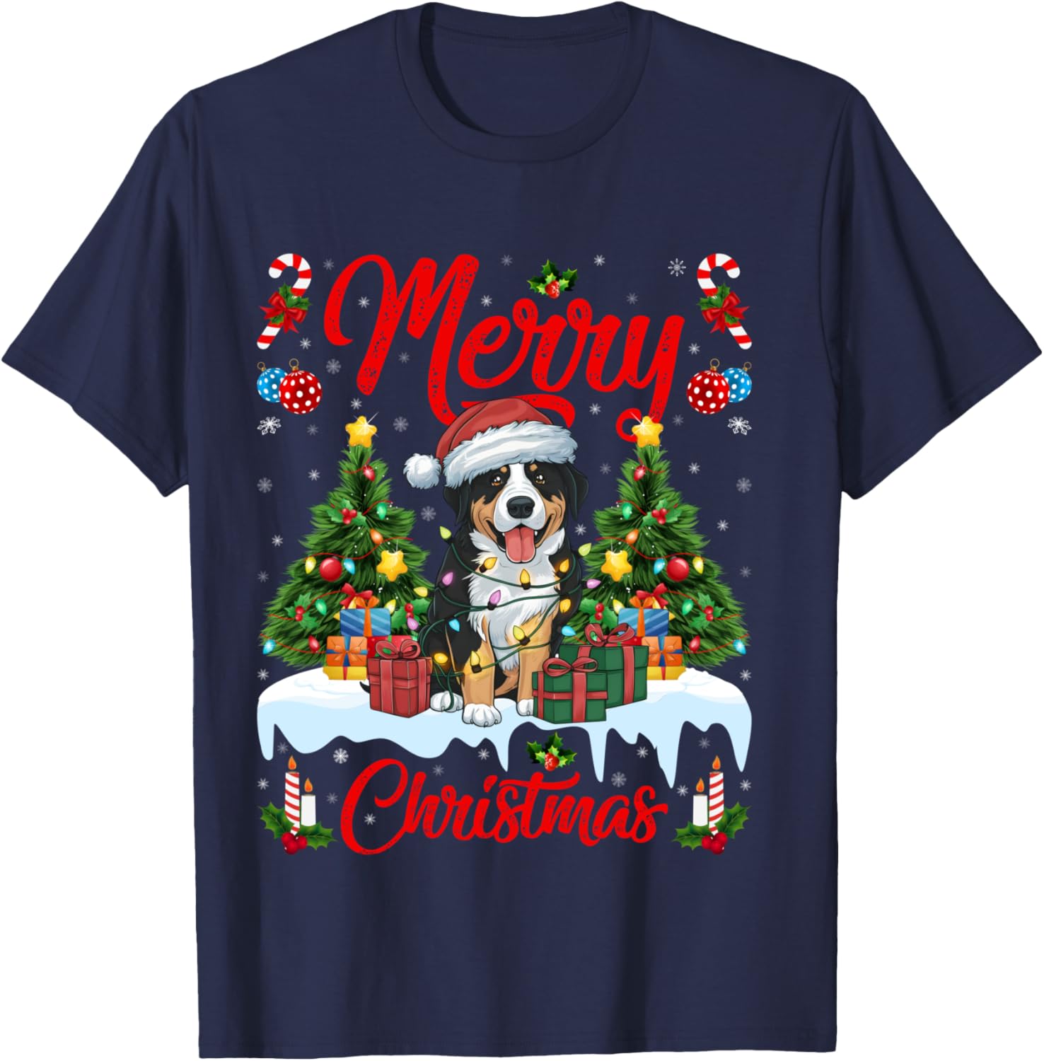 Xmas Tree Lighting Greater Swiss Mountain Dogs Christmas T-Shirt - T-Shirt | Navy