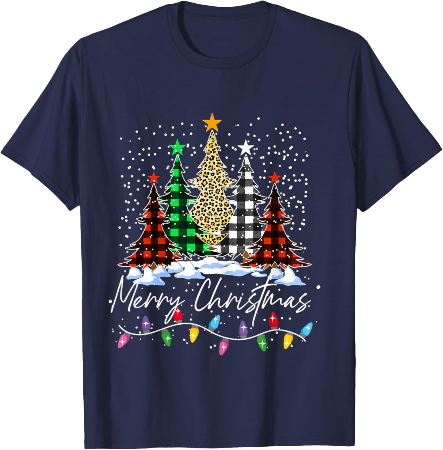 Merry Christmas Trees With Buffalo Red Plaid Leopard Xmas T-Shirt - T-Shirt | Navy