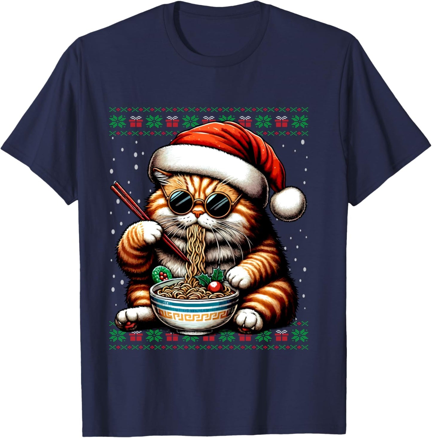 Christmas Cat Eating Ramen Ugly Christmas Sweater T-Shirt - T-Shirt | Navy