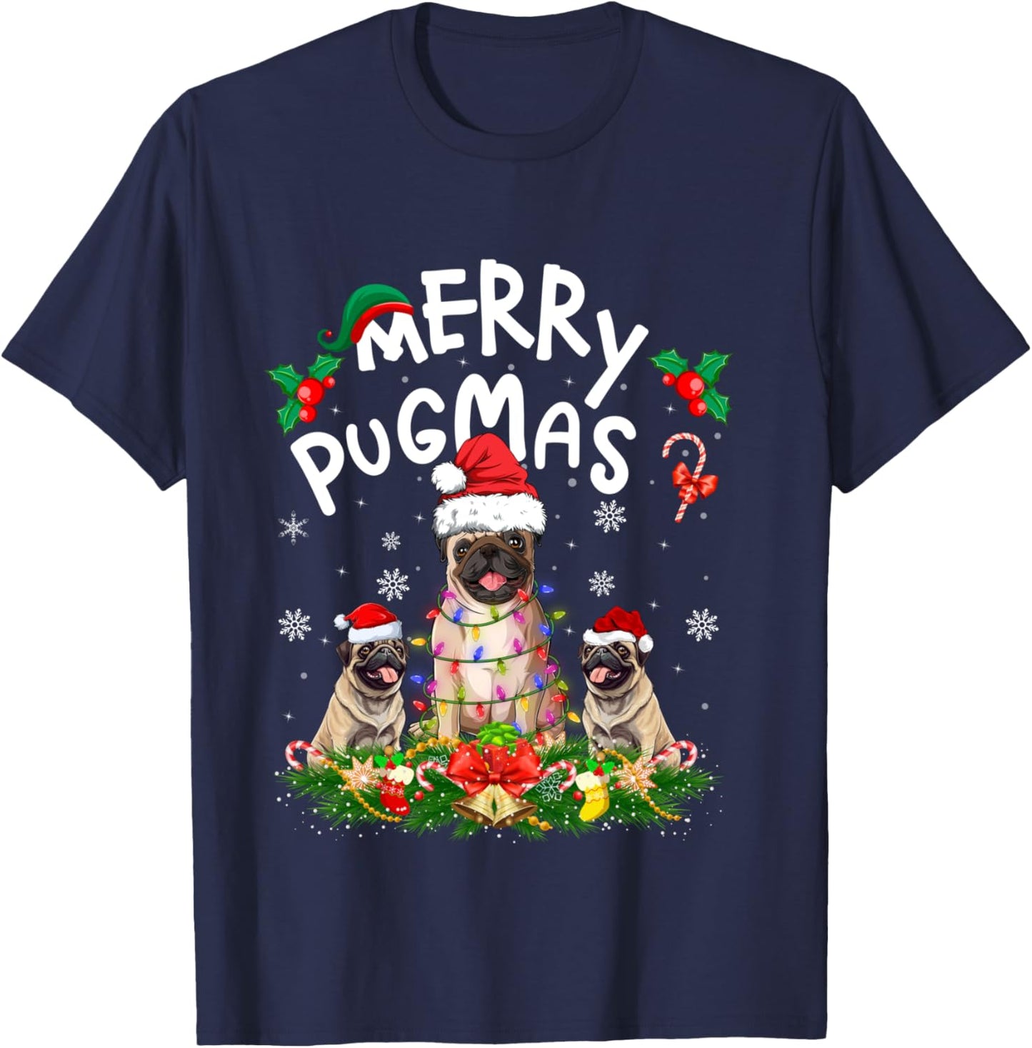 Merry Pugmas Xmas Lighting Santa Pug Dog Christmas T-Shirt - T-Shirt | Navy
