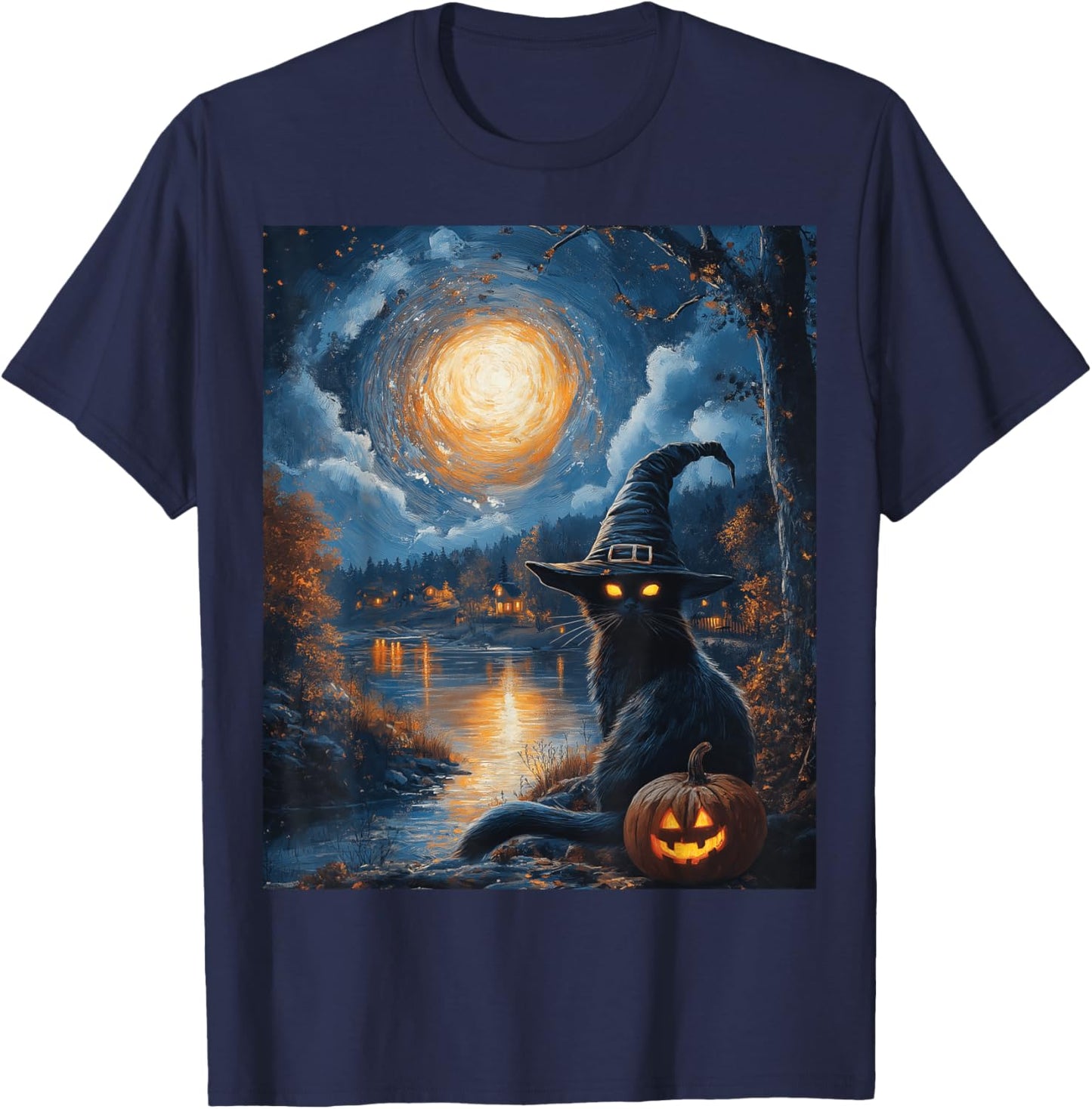 Halloween Van Gogh Starry Night Black Cat Pumpkin Spooky T-Shirt - T-Shirt | Navy