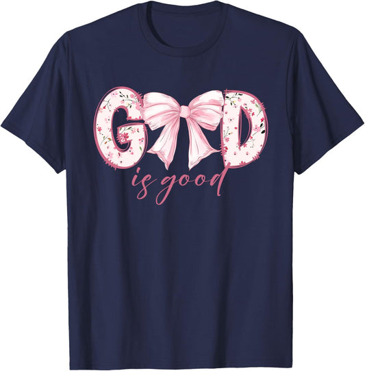 God Is Good Pink Coquette Bow Bible Verse T-Shirt - T-Shirt | Navy