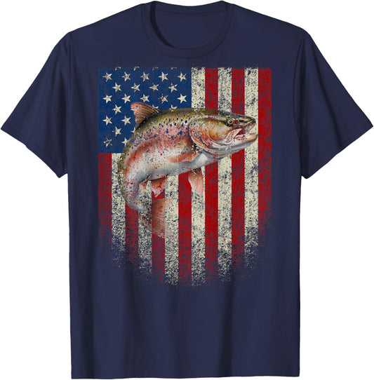 (Art on Back) American USA Flag Trout Fish Fishing Gift T-Shirt - T-Shirt | Navy