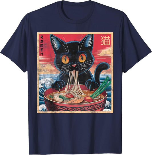 Anime Shirt Cat Ramen Funny Graphic Kawaii T-Shirt - T-Shirt | Navy