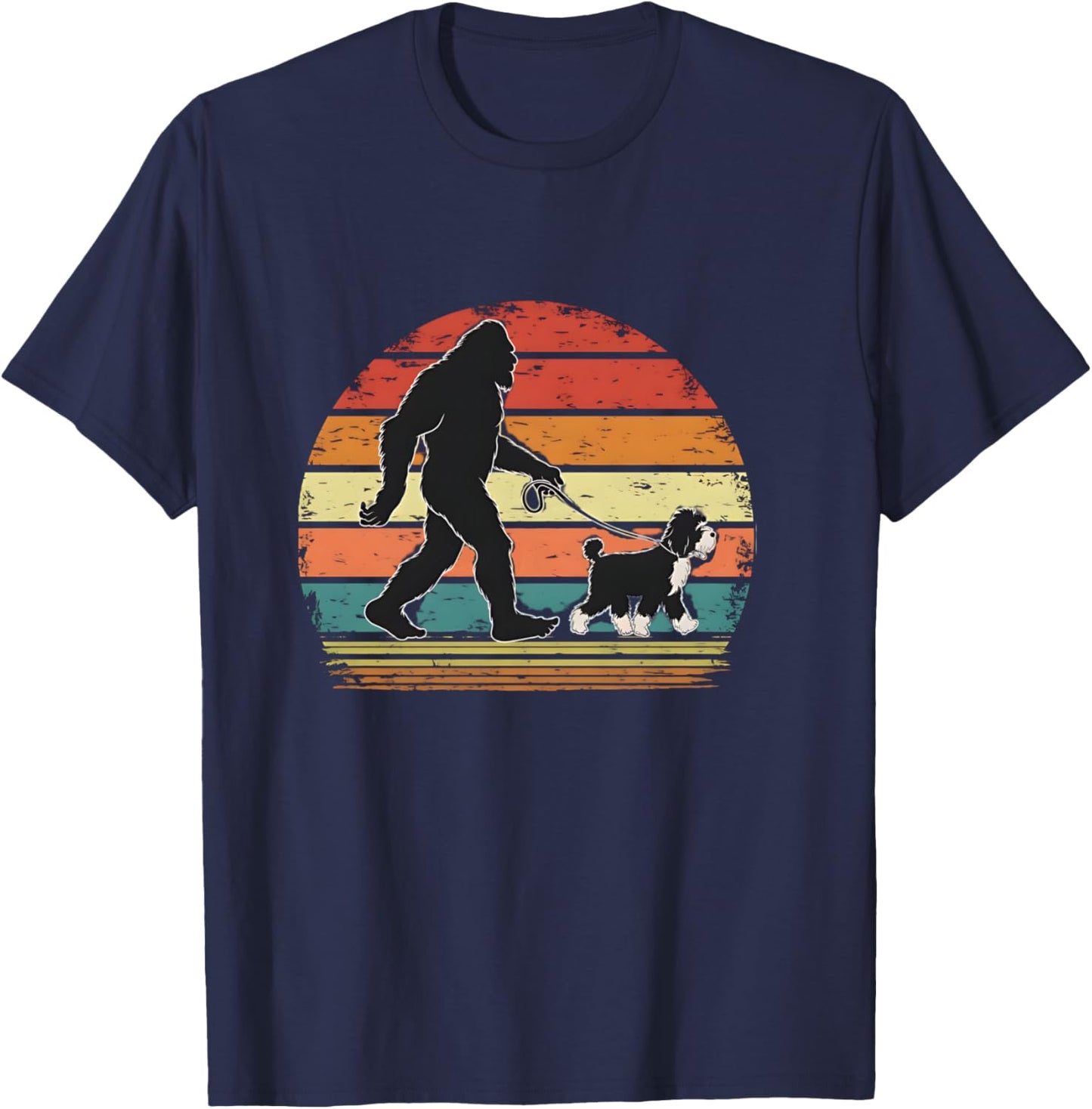 Bigfoot Walking a Dog Funny Bernedoodle Dog Dad T-Shirt - T-Shirt | Navy