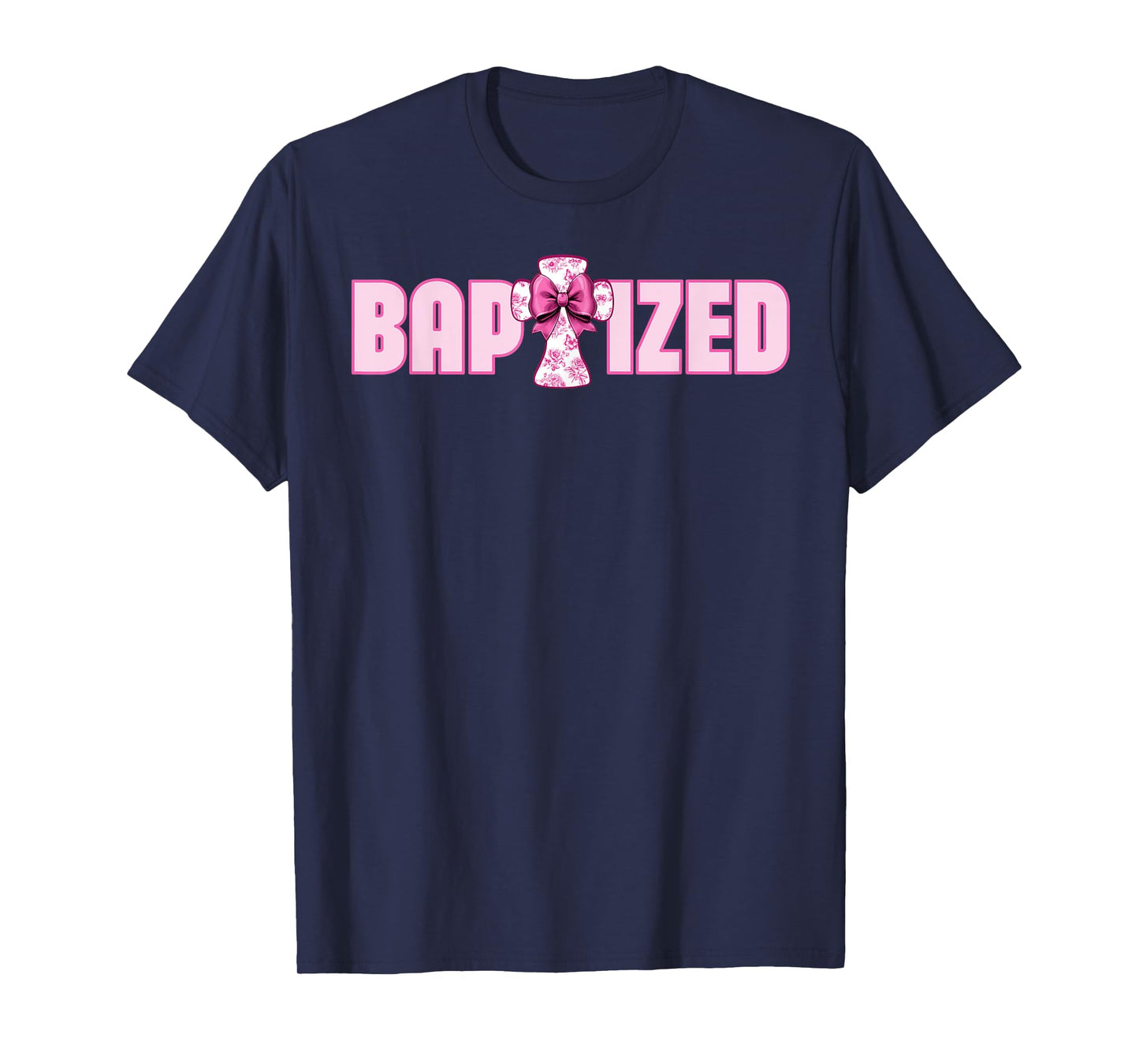 Baptized Pink Toile Cross And Coquette Bow For Baptism T-Shirt