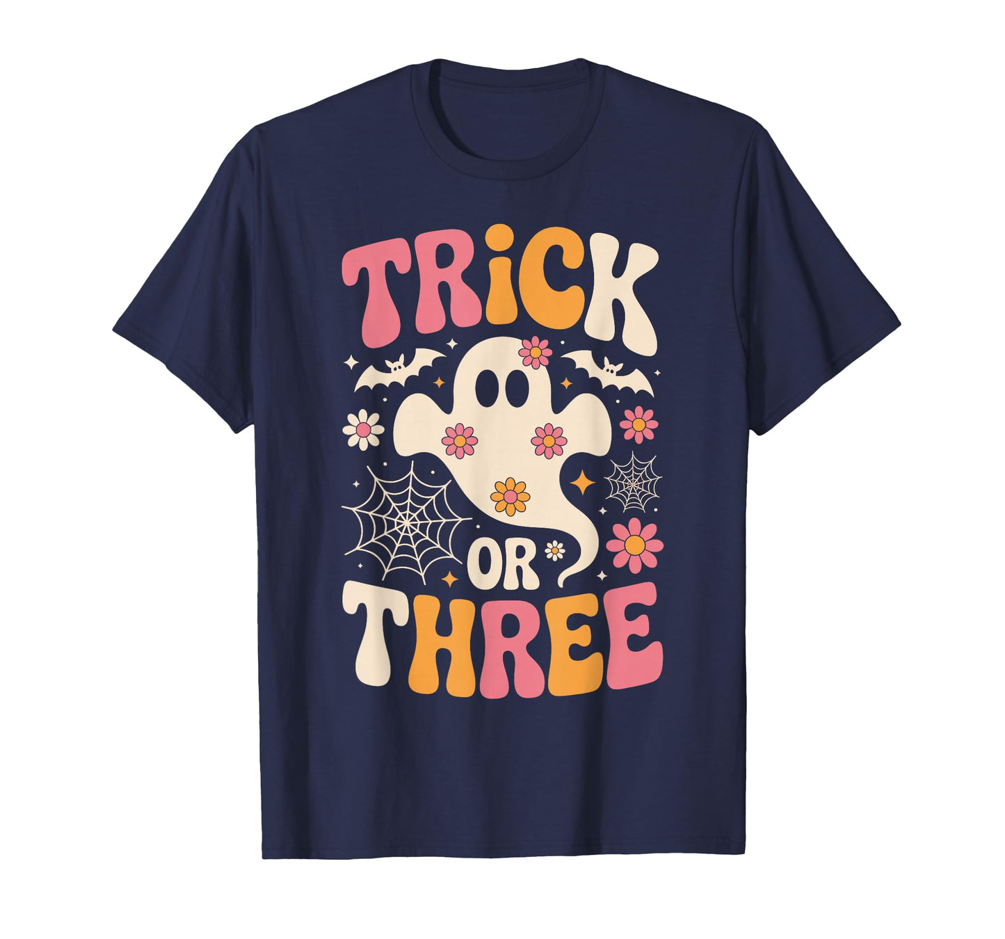 Trick Or Three 3 Years Old Birthday Groovy Ghost Halloween T-Shirt
