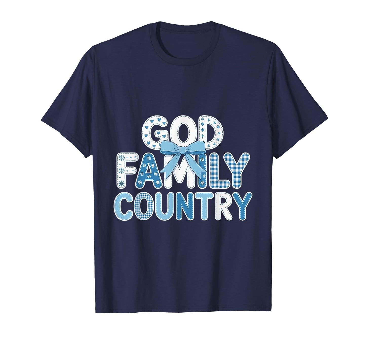 God Family Country - Patriotic Coquette Toile Blue Bow T-Shirt
