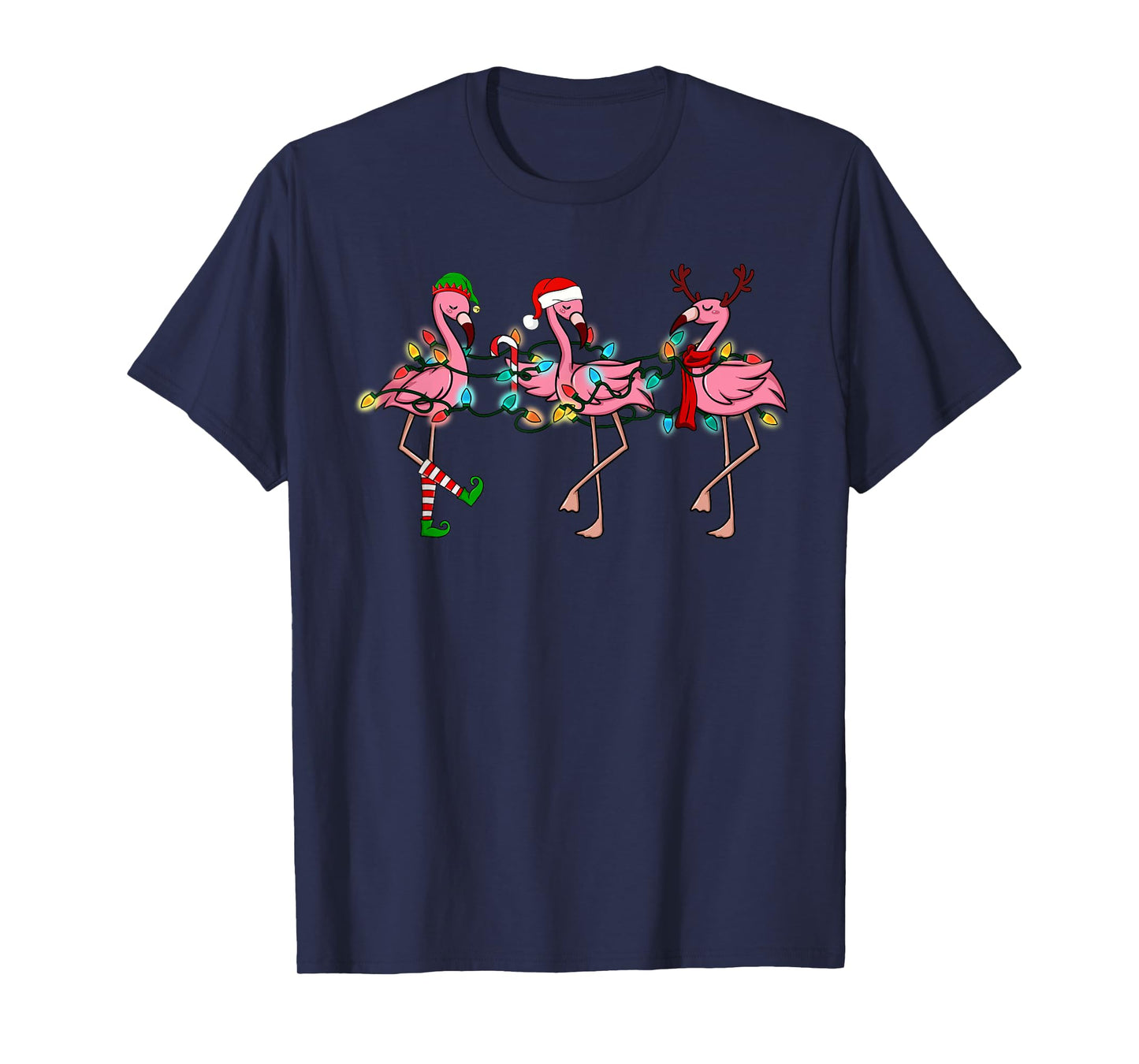Christmas Lights Pink Flamingo Santa Hat Holiday Xmas T-Shirt