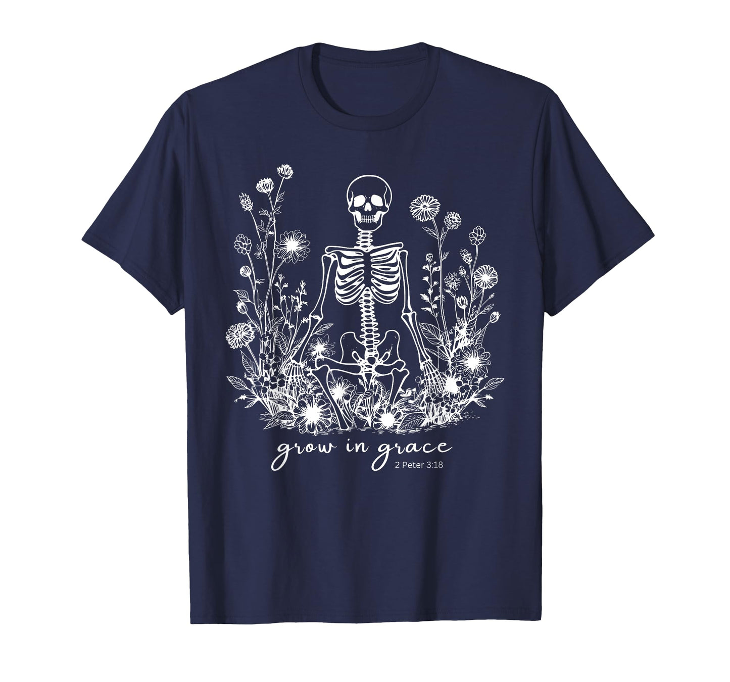 Grow in Grace Floral Skeleton Christian Religious Halloween T-Shirt