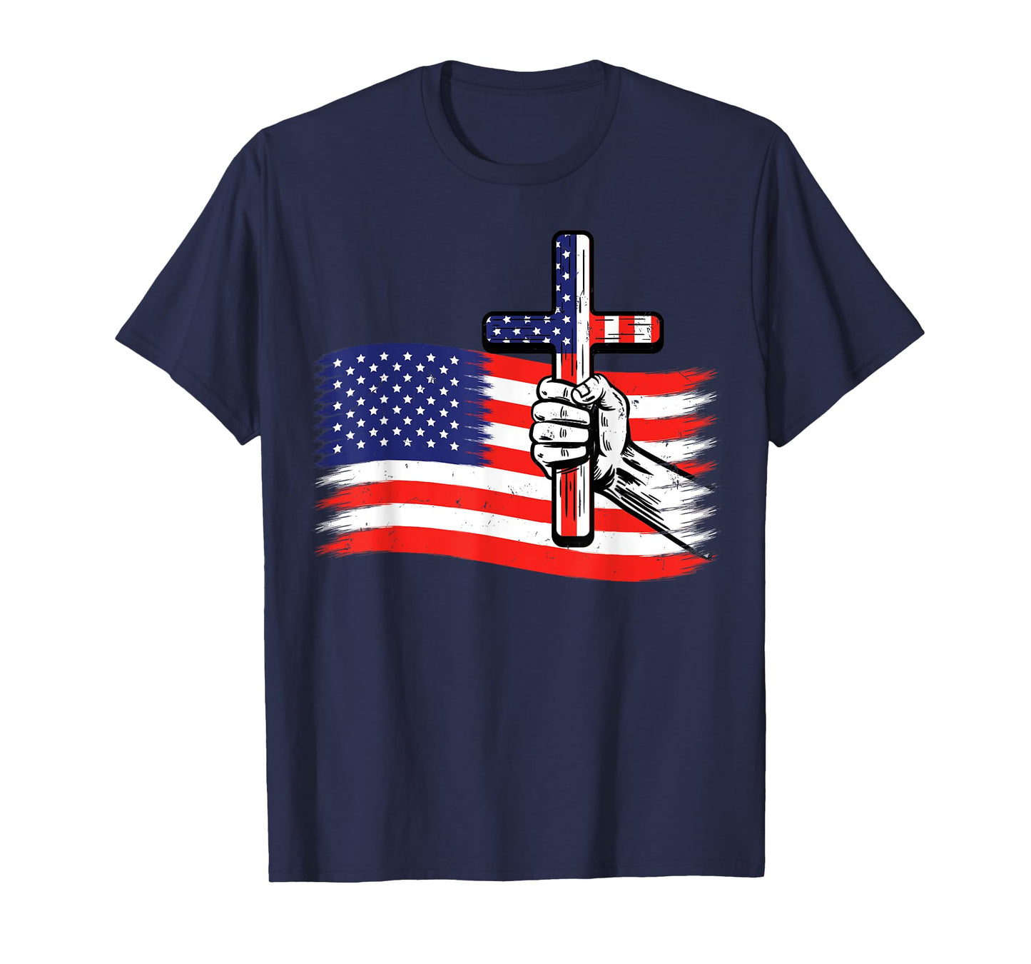 Cross American US Flag Christian Faith Patriotic 4th of July T-Shirt