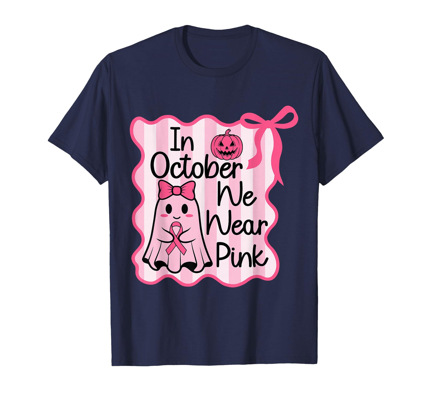 in October We Wear Pink Cute Ghost Halloween Coquette Bow T-Shirt