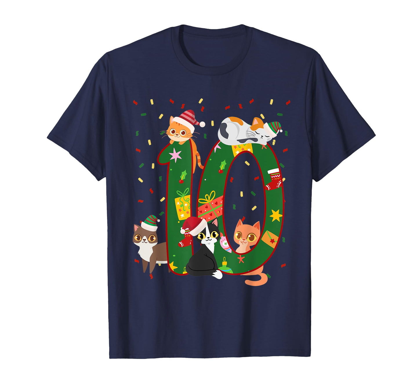 10 Years Old Kids Xmas Cute Cats 10th Birthday Christmas T-Shirt