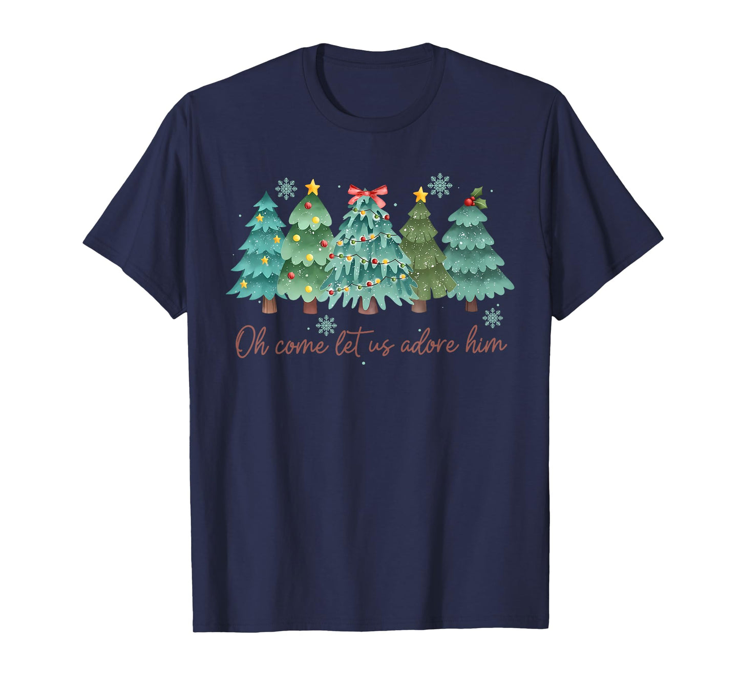 Oh Come Let US Adore Him Funny Christian Christmas Tree Bow T-Shirt