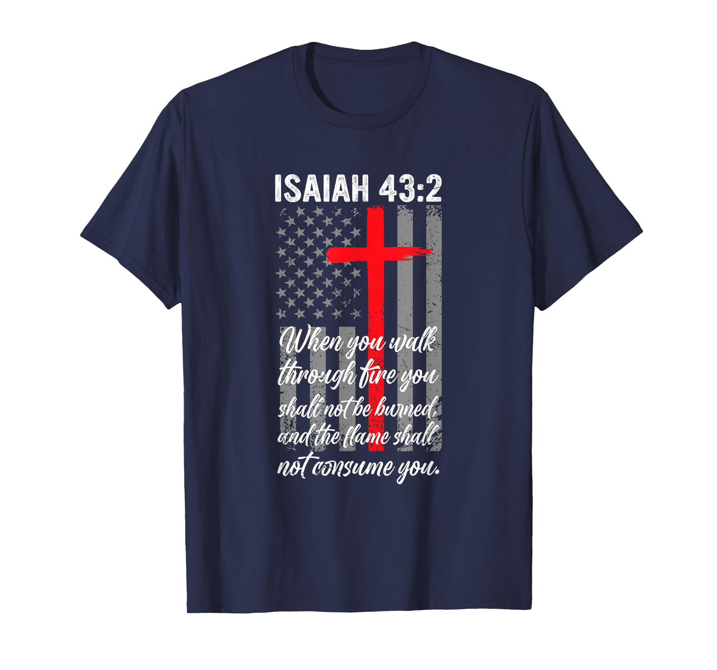 Thin Red Line Firefighter Cross Bible Verse American Flag T-Shirt