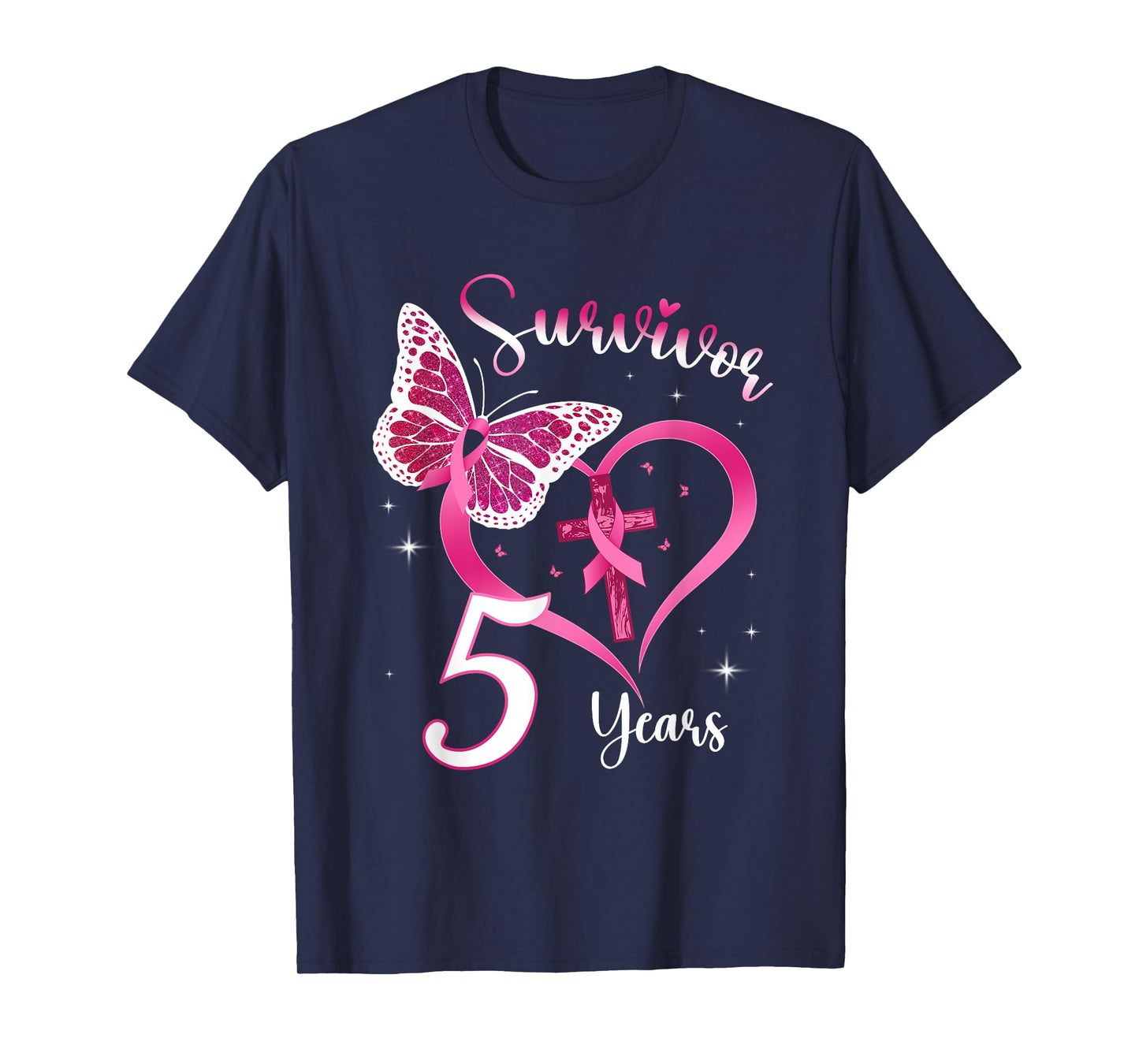 Breast Cancer Survivor Pink Ribbon Butterfly 5 Years Gift T-Shirt