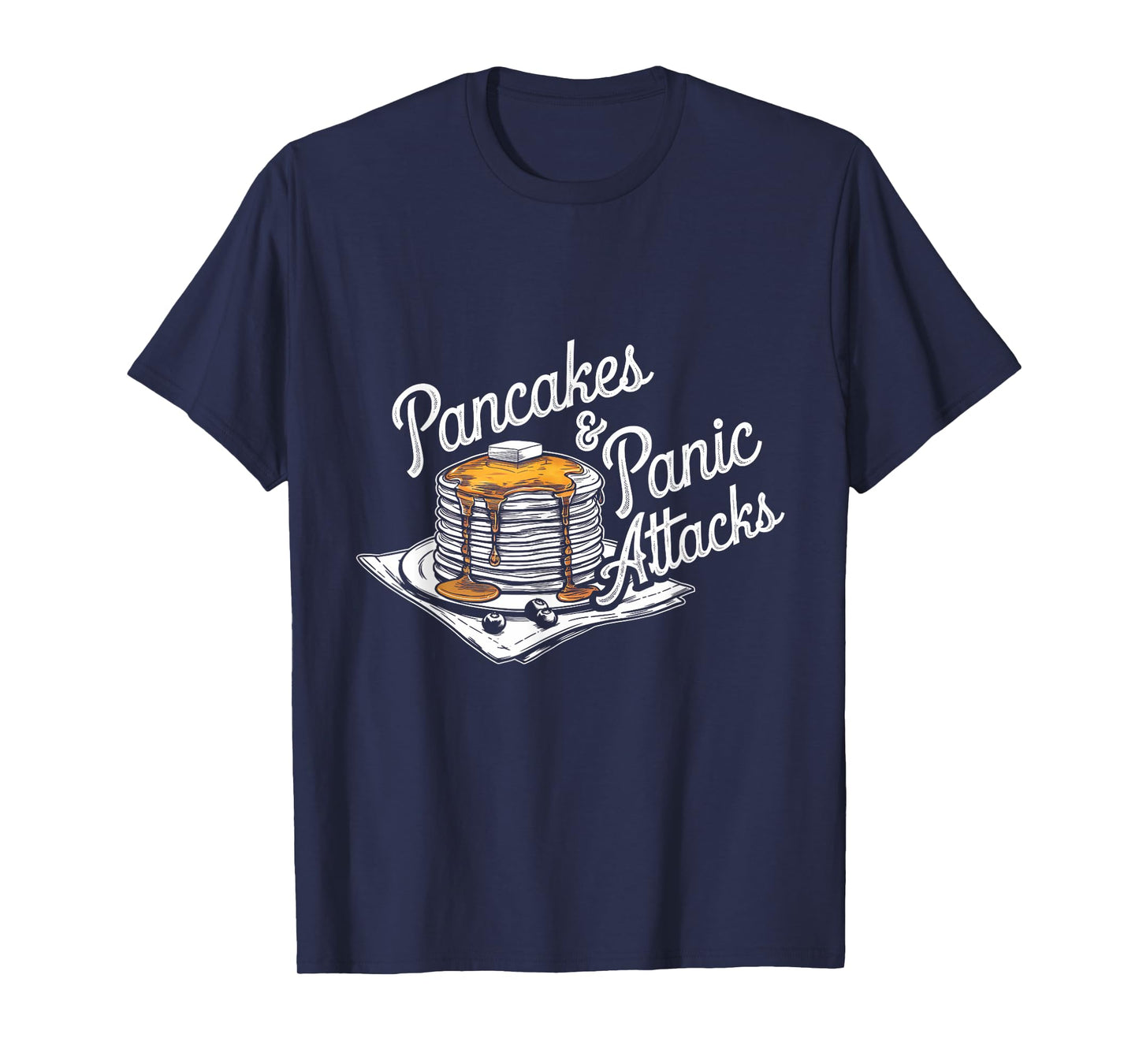 Pancakes & Panic Attacks Tee - Unisex Adults - Black - Small - Short Sleeve - Modern Cartoon Humor - T-Shirt