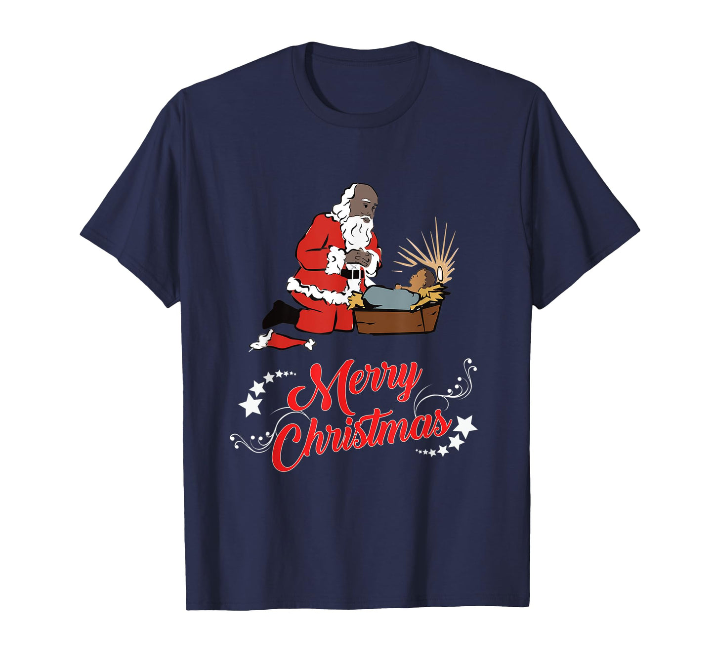 Dark Skin Santa Kneeling And Praying At The Feet Of Jesus T-Shirt