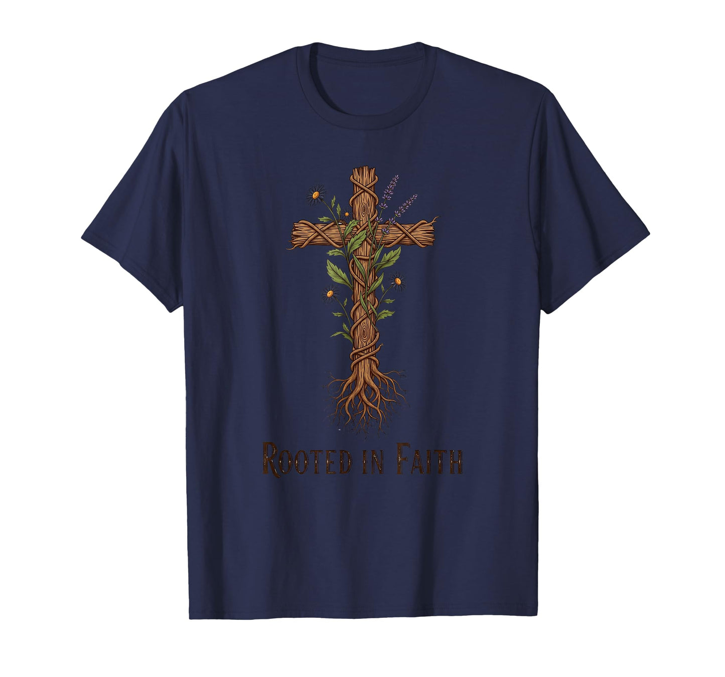 Rooted in Faith Vintage Christian Cross Wildflower Botanical T-Shirt