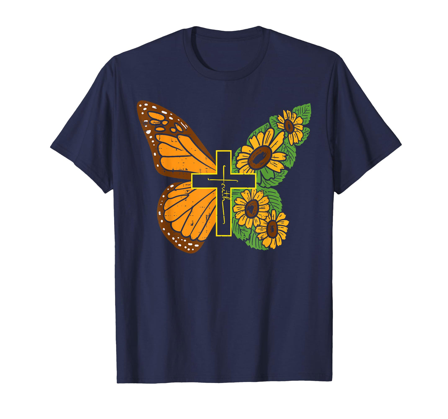 Butterfly Sunflower Cross Faith God Jesus Christian Women T-Shirt