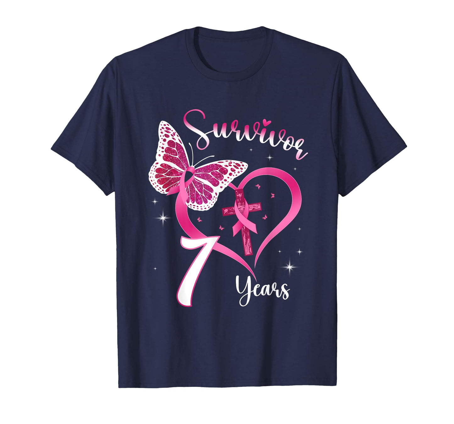 Breast Cancer Survivor Pink Ribbon Butterfly 7 Years Gift T-Shirt