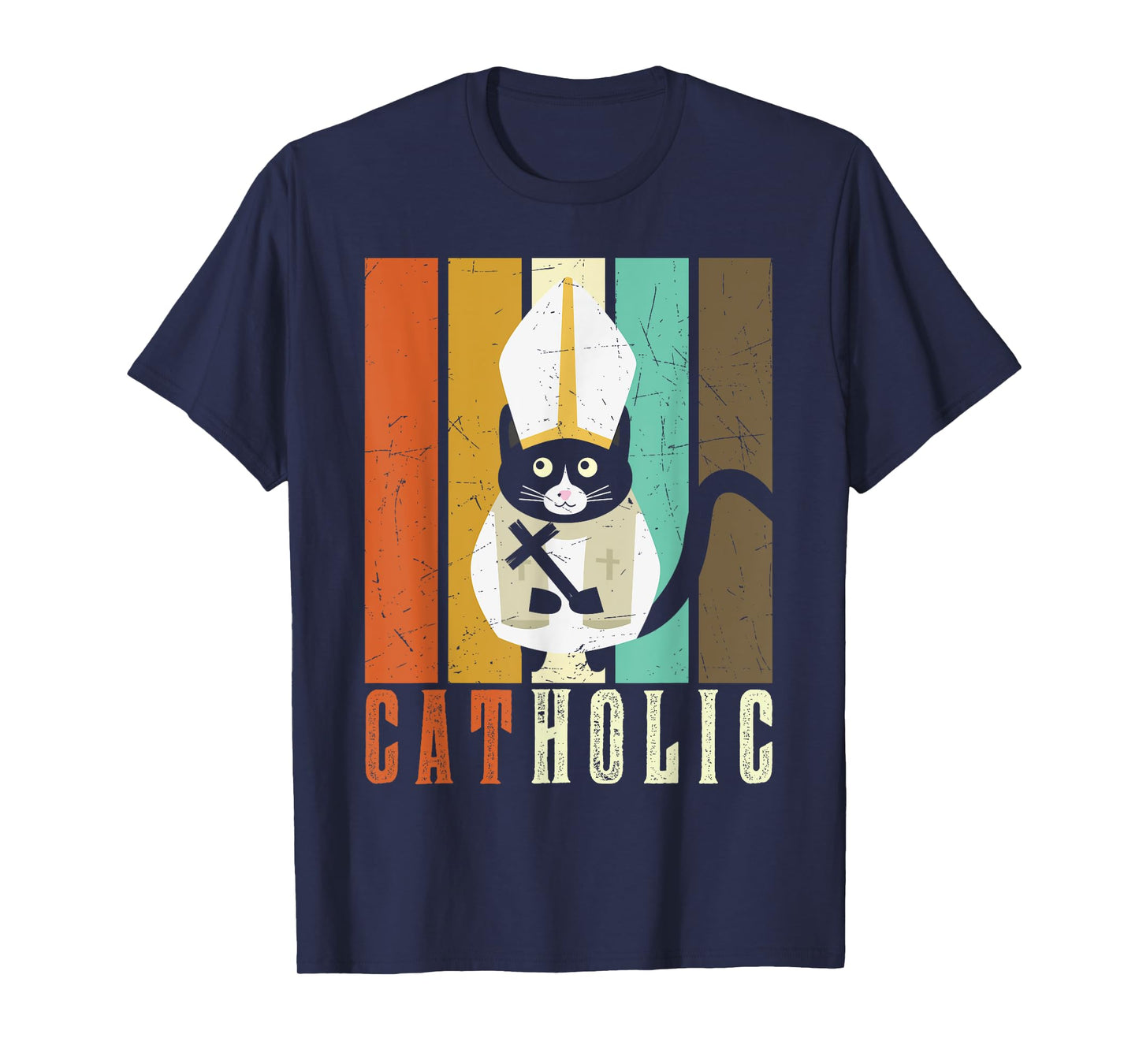 Funny Catholic T Shirts, Cat-holic Cat Lover Retro Vintage T-Shirt