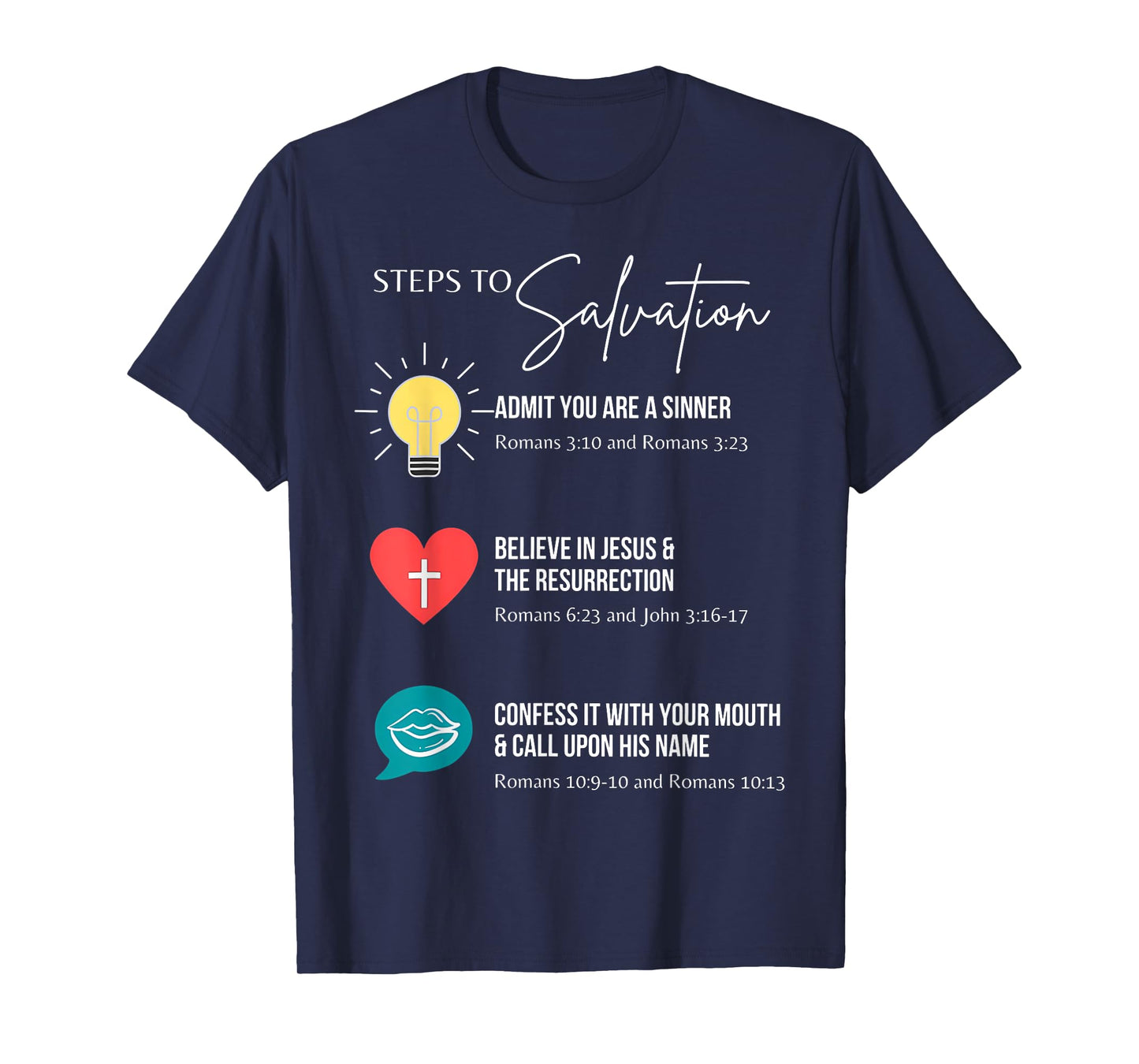 Steps To Salvation Romans 10;9 Thru 13 John 3 16 Christian T-Shirt