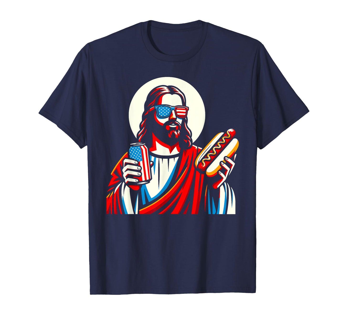 Funny Jesus USA American Christian Patriotic Beer Hotdog Women Men T-Shirt