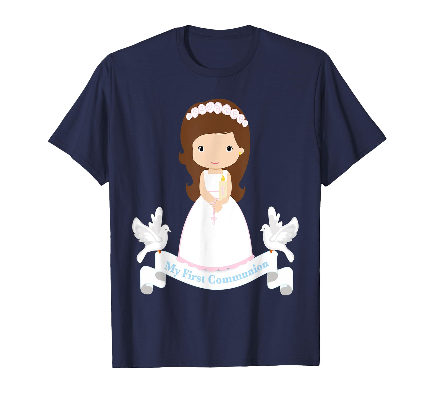 First Communion Shirt Kids Rosary Girls Daughter Brown Hair T-Shirt