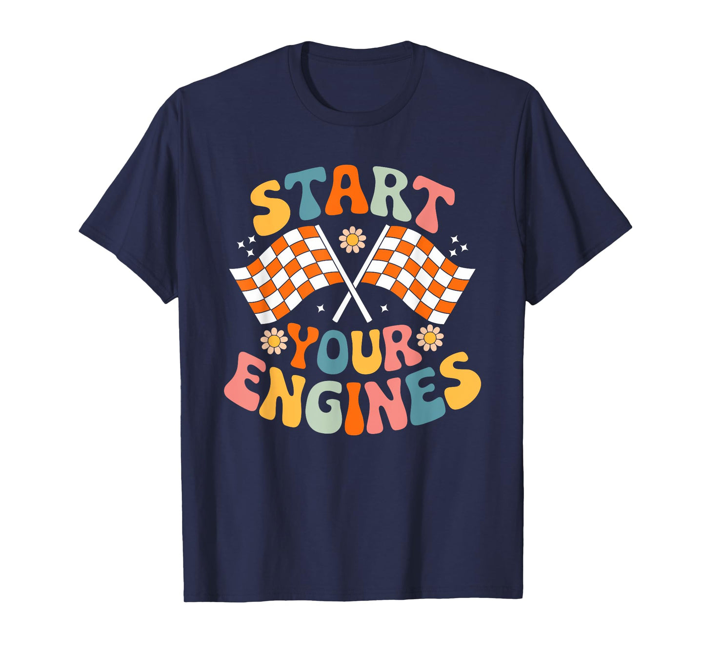 Groovy Start Your Engines Retro Checkered Flag Race Car T-Shirt