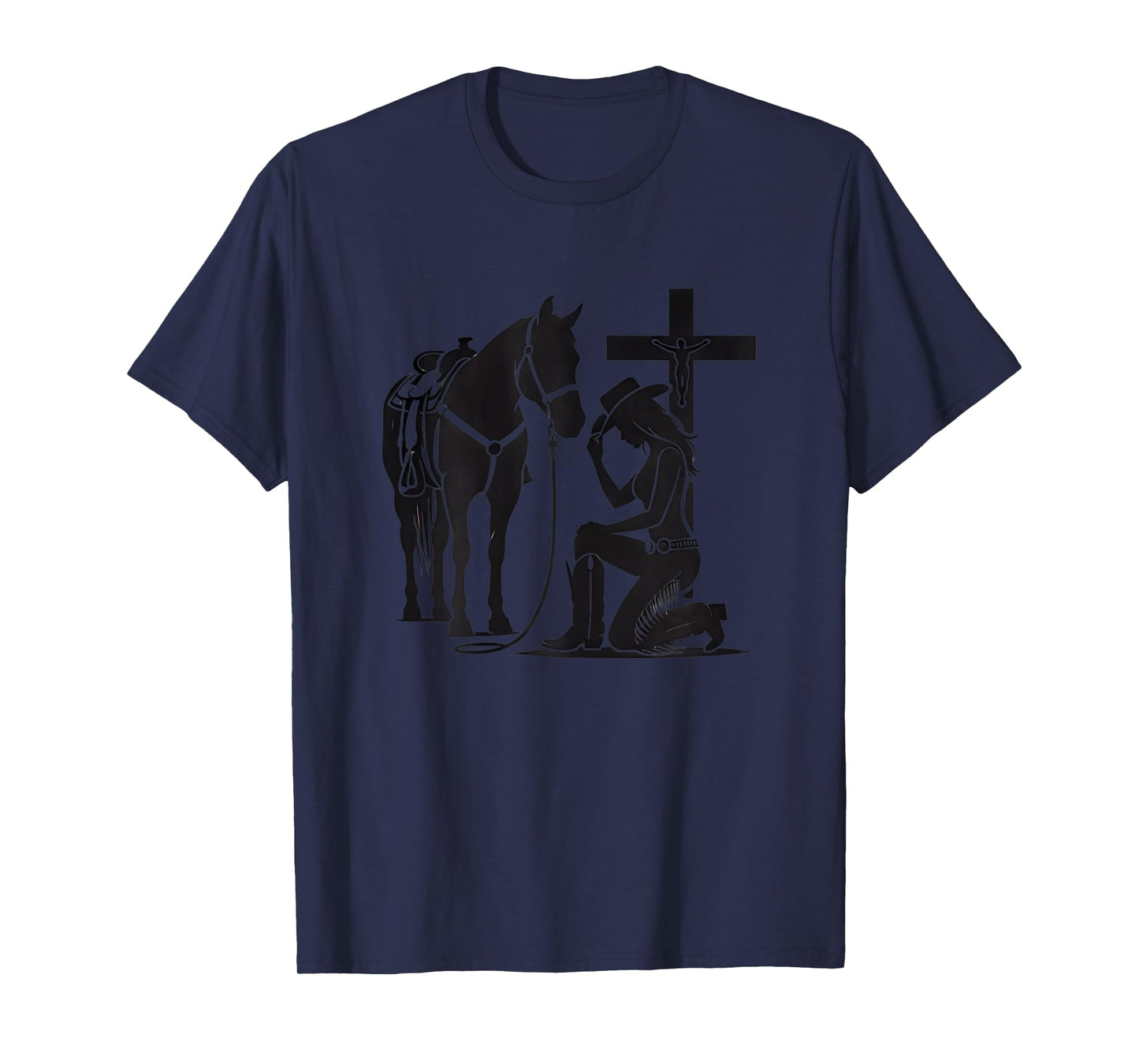 Christian Inspirational Cowgirl Praying with Horse & Cross T-Shirt