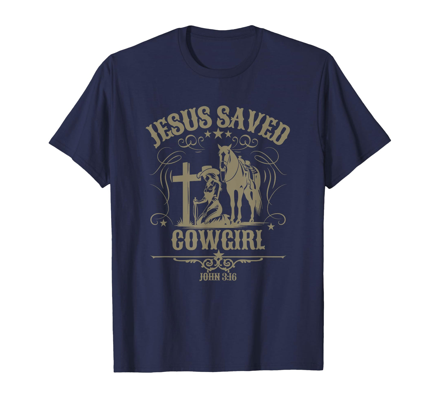 Christian Cowgirl Kneeling at Cross Western Scripture Jesus T-Shirt