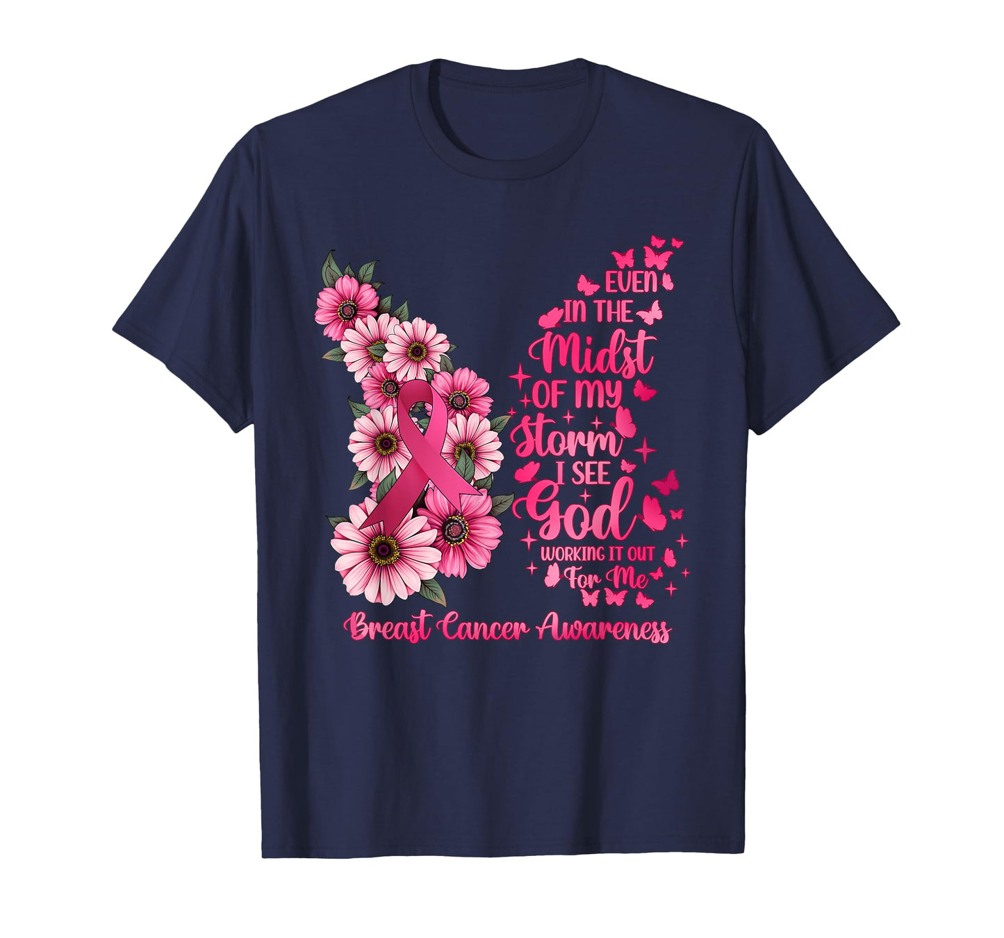 Breast Cancer Awareness God Bible Verse Pink Butterfly Women T-Shirt