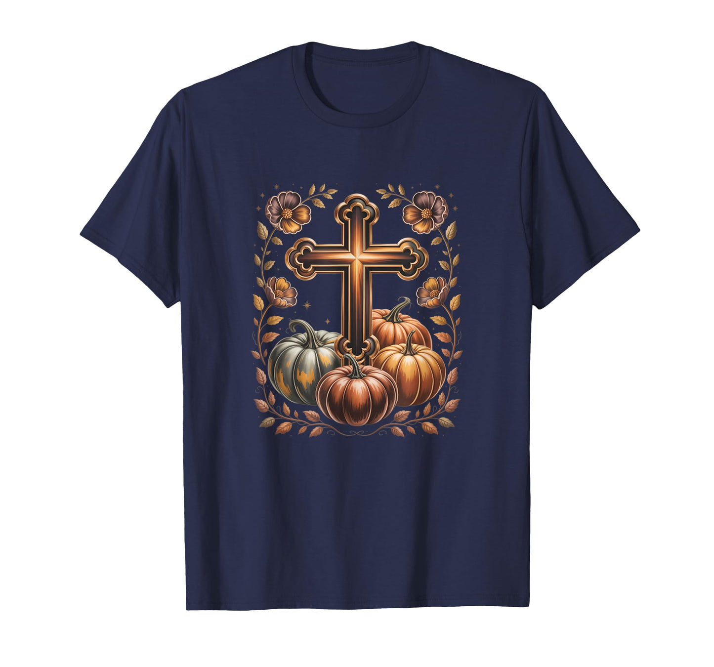 Boho Floral Pumpkin Cross Fall Jesus Christian Faith Autumn T-Shirt