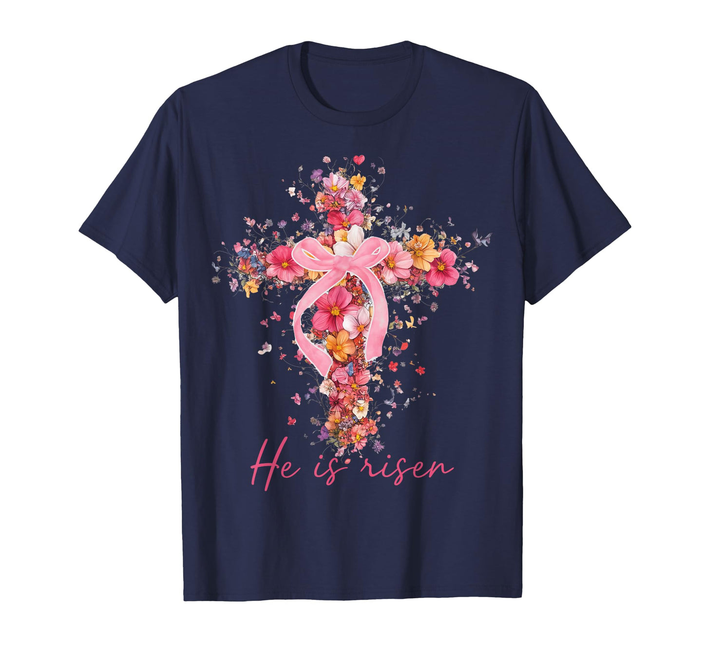 Floral Easter He Is Risen Christian Bible Pink Easter Bow T-Shirt
