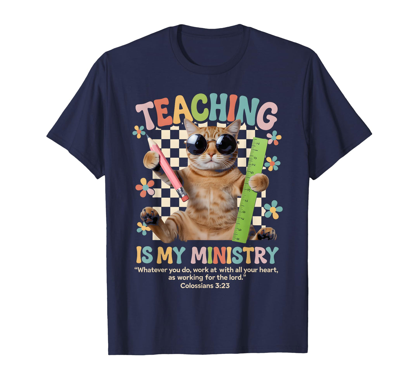 Teaching is My Ministry Cute Cat Retro Bible Verse Design T-Shirt