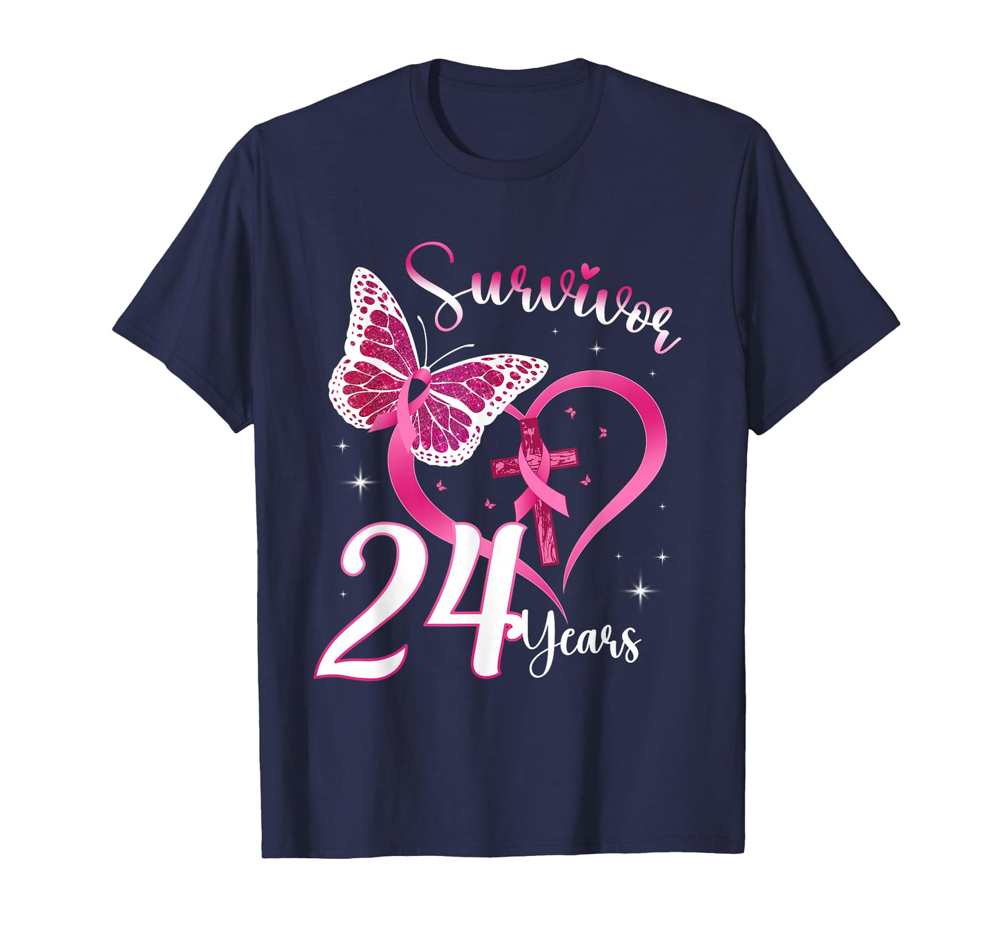 Breast Cancer Survivor Pink Ribbon Butterfly 24 Years Gift T-Shirt