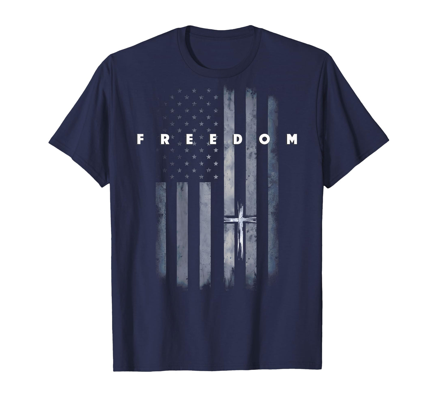 On Back Grunge American Flag and Cross Faith Family Freedom T-Shirt