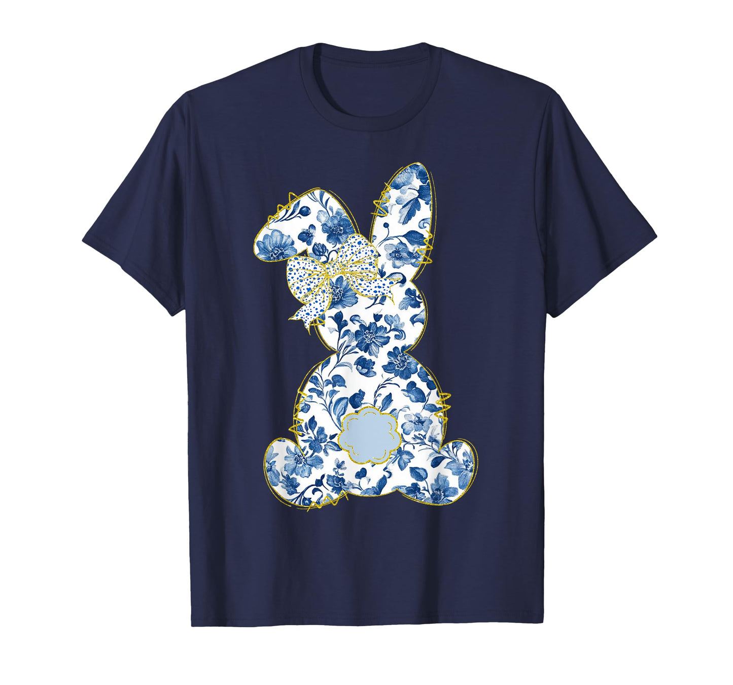 Cute Easter Toile Chinoiserie Blue Floral Bunny Coquette Bow T-Shirt