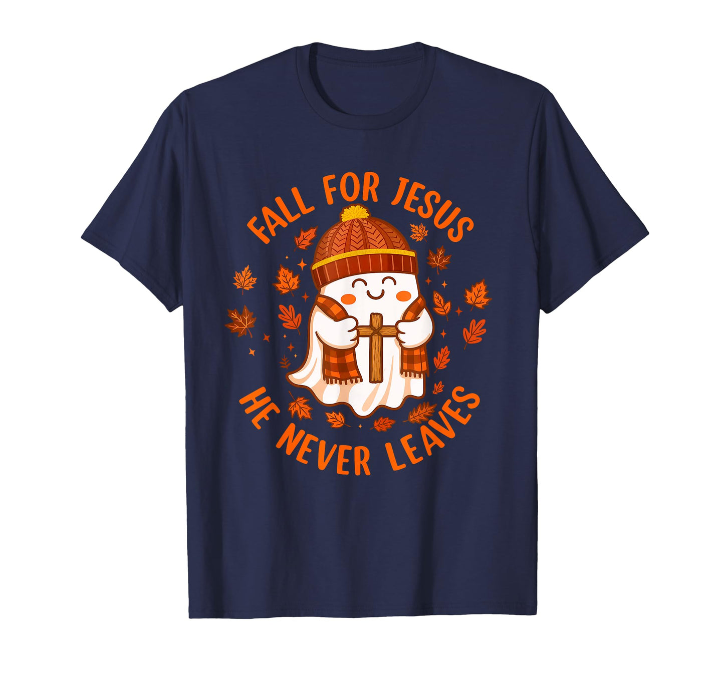 Fall for Jesus He Never Leaves Christian Ghost Halloween T-Shirt